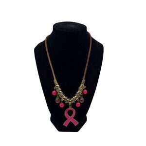 Pink Ribbon Charm Necklace Breast Cancer Awareness Bronze Accents Adjustable